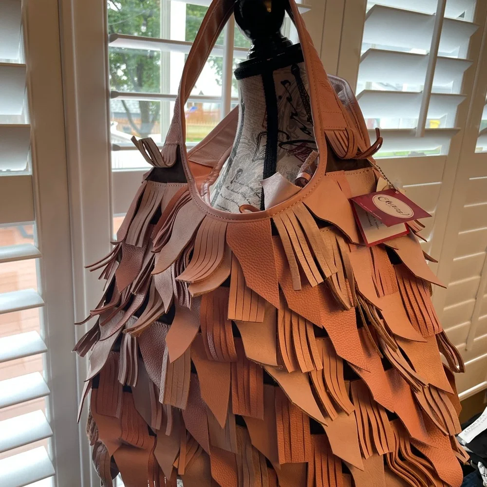 Chaos by Elsie Pink Leather Fringe Shoulder Hobo Bag